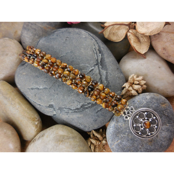 Handwoven 3-Row Tigers Eye Bracelet w/Sterling Silver Round Box Clasp