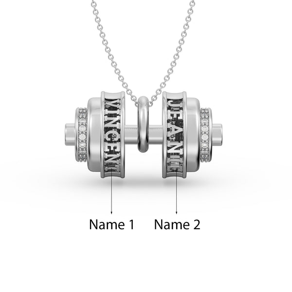 Personalized Sterling Silver w/CZ Dumbbell Pendant/Necklace - 2 Names
