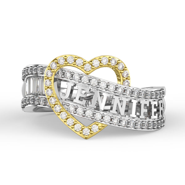 Personalized Jewelry Heart-Shaped Two-Toned w/CZ Accents Sterling Ring