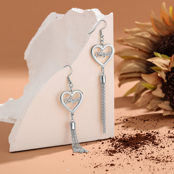 Personalized Heart Design w/Name Stainless Steel Tassel Earrings