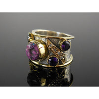 Dyed Howlite Carved Face & Amethyst & White Topaz Vermeil Bi-Color Sterling Silver Ring - Size 6.25