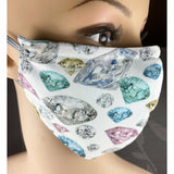Handsewn Face Cover with Filter Pocket, Bendable Nose Wire, and Adjustable Elastic - Diamonds & Gems - 5 Sizes