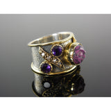 Dyed Howlite Carved Face & Amethyst & White Topaz Vermeil Bi-Color Sterling Silver Ring - Size 6.25