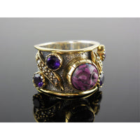 Resin Face & Amethyst & White Topaz Vermeil Bi-Color Sterling Silver Ring - Size 6.25