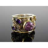 Dyed Howlite Carved Face & Amethyst & White Topaz Vermeil Bi-Color Sterling Silver Ring - Size 6.25