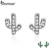 BAMOER Spring Collection 100% 925 Sterling Silver White & Green Cactus Stud Earrings for Women Silver Jewelry Bijoux  SCE286