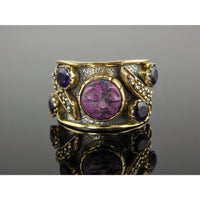 Resin Face & Amethyst & White Topaz Vermeil Bi-Color Sterling Silver Ring - Size 6.25