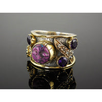 Resin Face & Amethyst & White Topaz Vermeil Bi-Color Sterling Silver Ring - Size 6.25